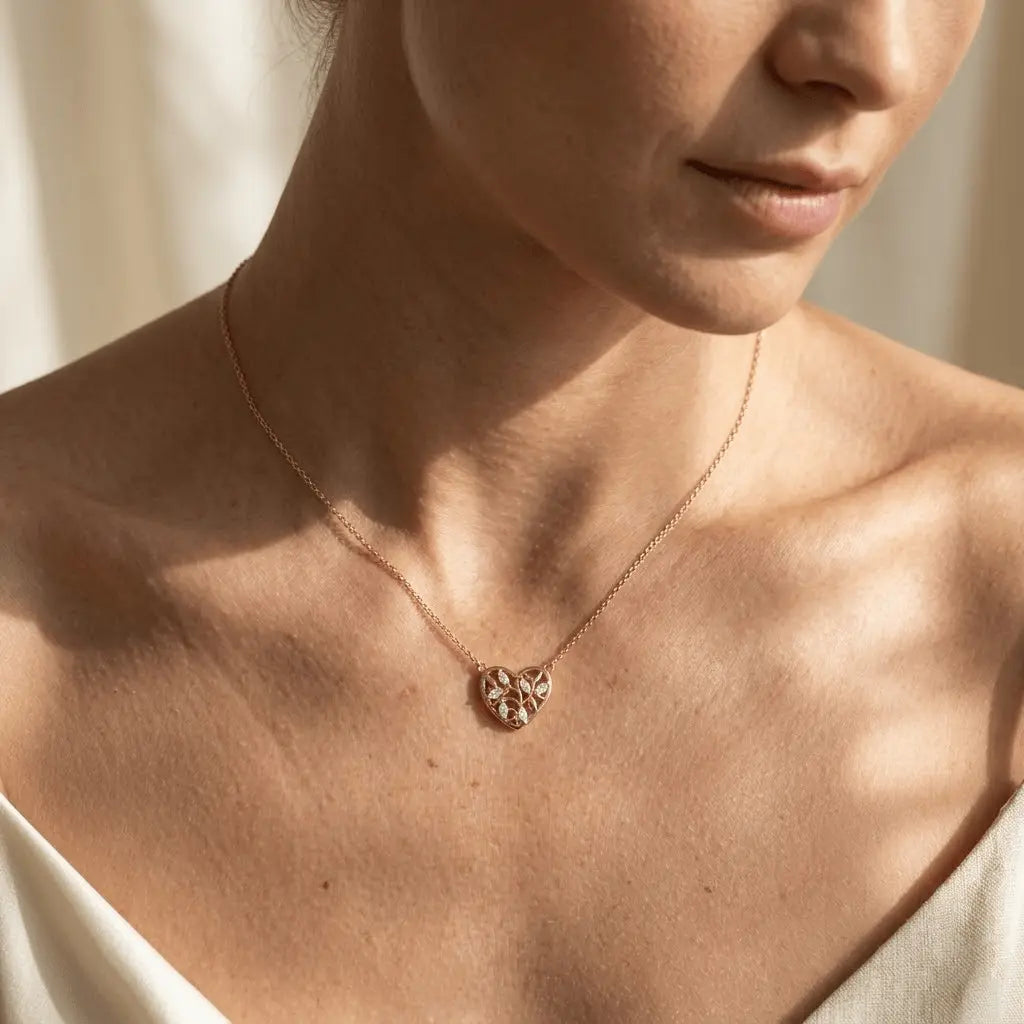 Herz Halskette 925 Sterling Silber – Damen Kette mit Blätter Zirkonia - Suzan Gold
