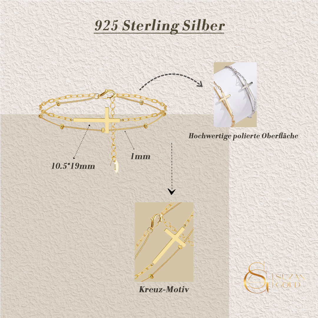 Solvira – 925 Silber Armband mit Kreuz & Doppelketten-Design