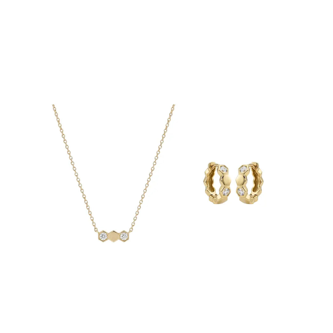 Hexaria Duo – 925 Silber Schmuckset vergoldet mit Zirkonia Hexagon Suzan Gold