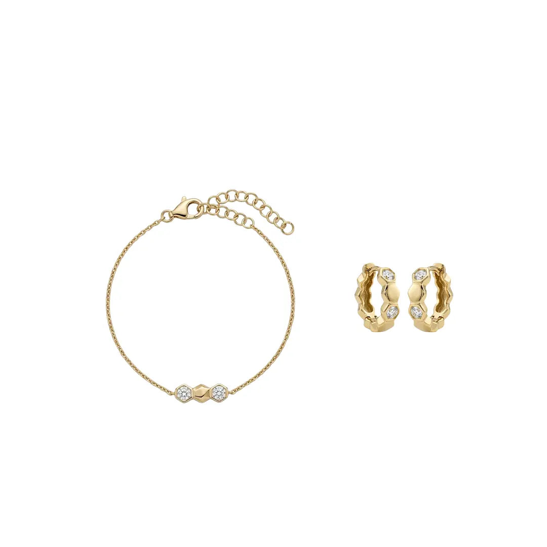 Hexaria Trio – 925 Silber Set vergoldet mit Zirkonia Hexagon Armband & Creolen Suzan Gold