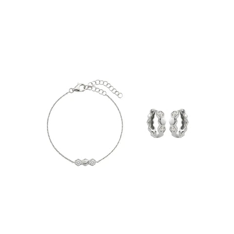 Hexaria Trio – 925 Silber Set vergoldet mit Zirkonia Hexagon Armband & Creolen Suzan Gold