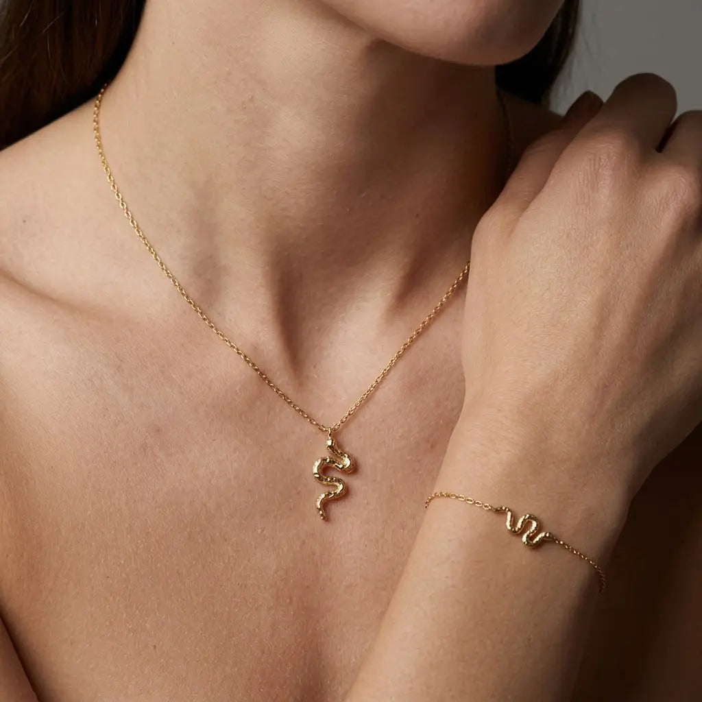 Serpentina Gold Set – 375 Echtgold Schmuckset mit Schlangen Halskette & Armband - Suzan Gold