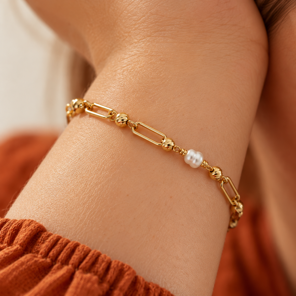 Pearl Link – Gliederarmband mit diamantierten Kugeln und Perle aus 585 Gold