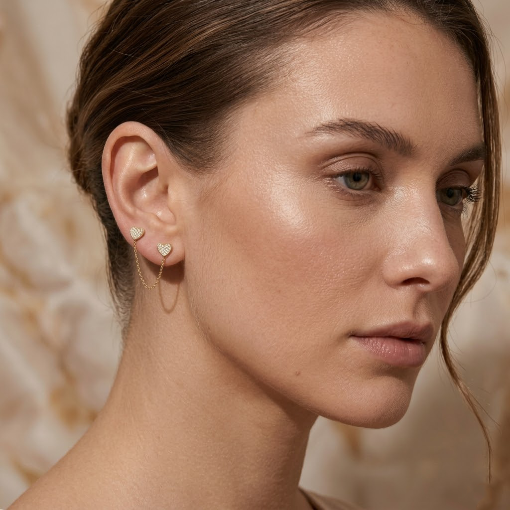 Heart Chain Stud Earrings – 925 Sterling Silber Ohrstecker Herz mit Kette - Suzan Gold