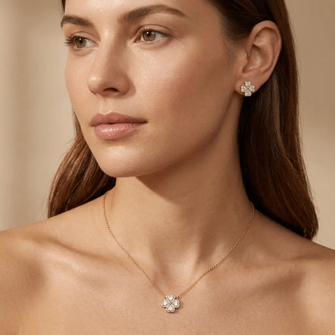 Florique – 925 Silver Gold Plated Necklace & Earrings Flower Zirconia - Suzan Gold