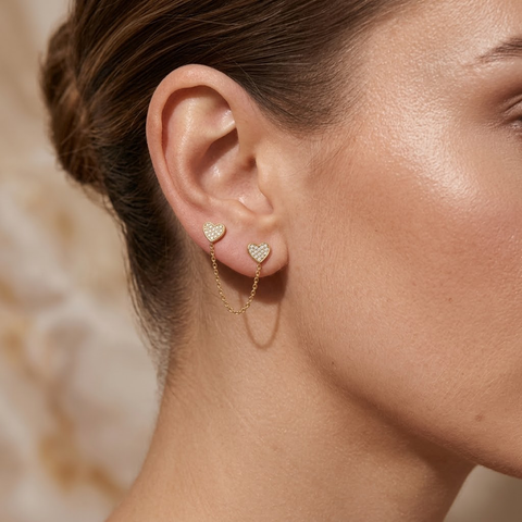 Heart Chain Stud Earrings – 925 Sterling Silber Ohrstecker Herz mit Kette - Suzan Gold