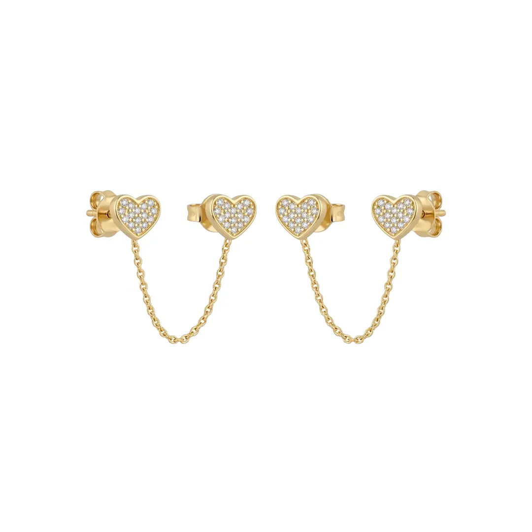 Heart Chain Stud Earrings aus 925 Sterling Silber vergoldet mit Zirkonia, filigraner Schmuck für Damen, eleganter zeitloser Klassiker.