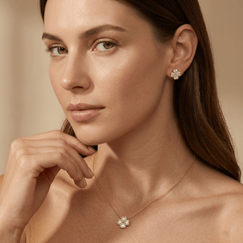 Florique – 925 Silber vergoldet Kette & Ohrringe Blume Zirkonia - Suzan Gold