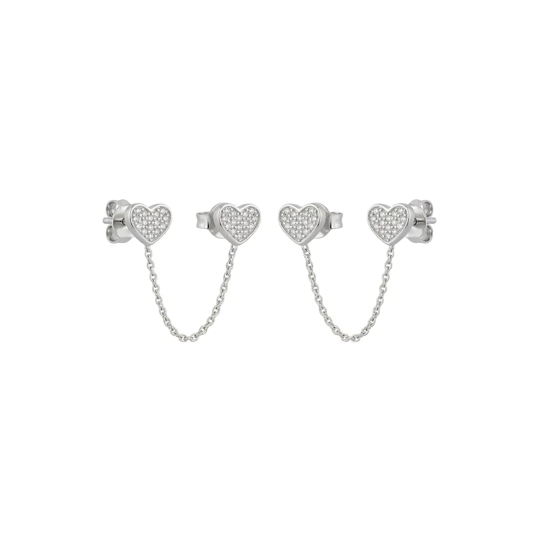 Heart Chain Stud Earrings – 925 Sterling Silber Ohrstecker Herz mit Kette - Suzan Gold