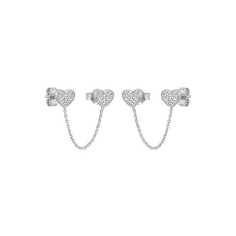 Heart Chain Stud Earrings – 925 Sterling Silber Ohrstecker Herz mit Kette - Suzan Gold