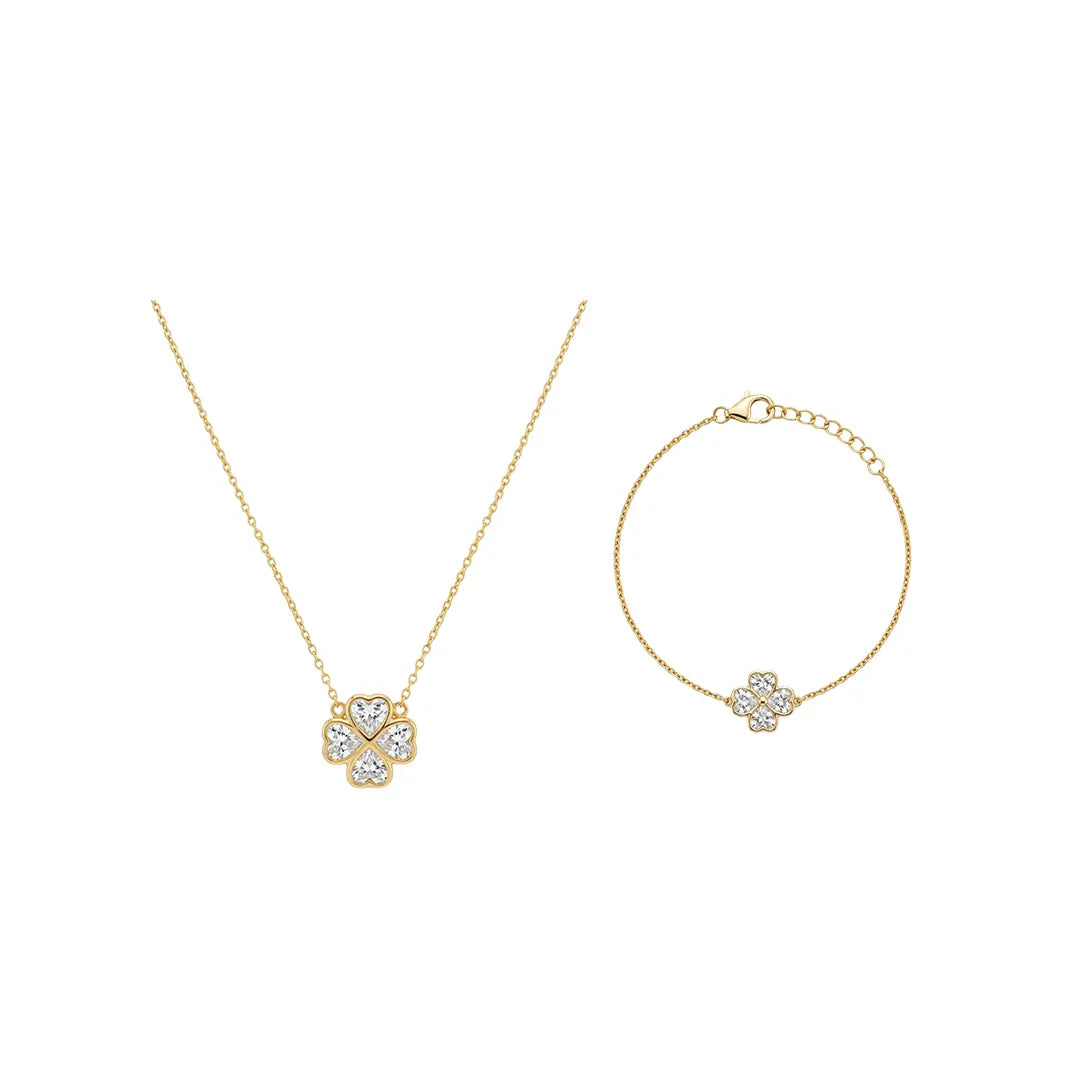 Clovera – Vergoldetes 925 Silber Schmuckset mit Kleeblatt-Anhänger & Armband, Zirkonia Suzan Gold