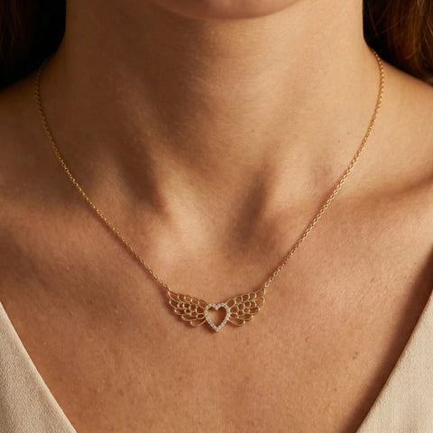 Angelique Heart – 375 Echtgold Halskette mit Flügel - Herz Anhänger & Zirkonia - Suzan GoldHalskette