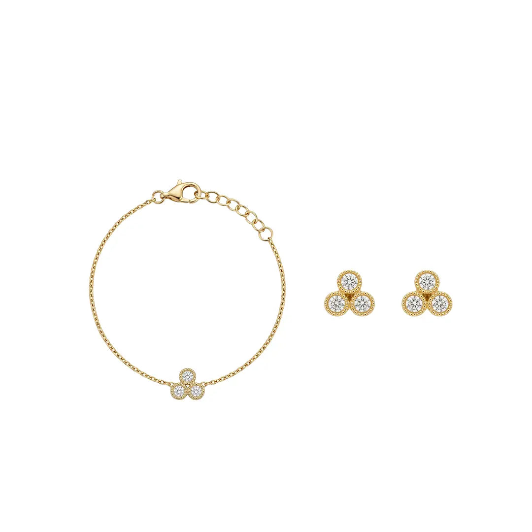 Trivellea Grace – Vergoldetes 925 Silber Armband & Ohrstecker mit drei funkelnden Zirkonia-Elementen Suzan Gold