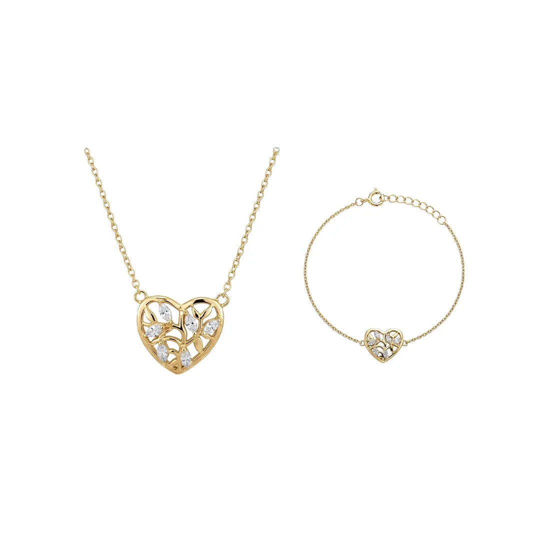 Floréa Amora – Vergoldetes 925 Silber Schmuckset mit Herz-Anhänger im floralen Design, Halskette & Armband aus 925 Sterling Silber vergoldet mit Zirkonia, filigraner Schmuck für Damen, eleganter zeitloser Klassiker.