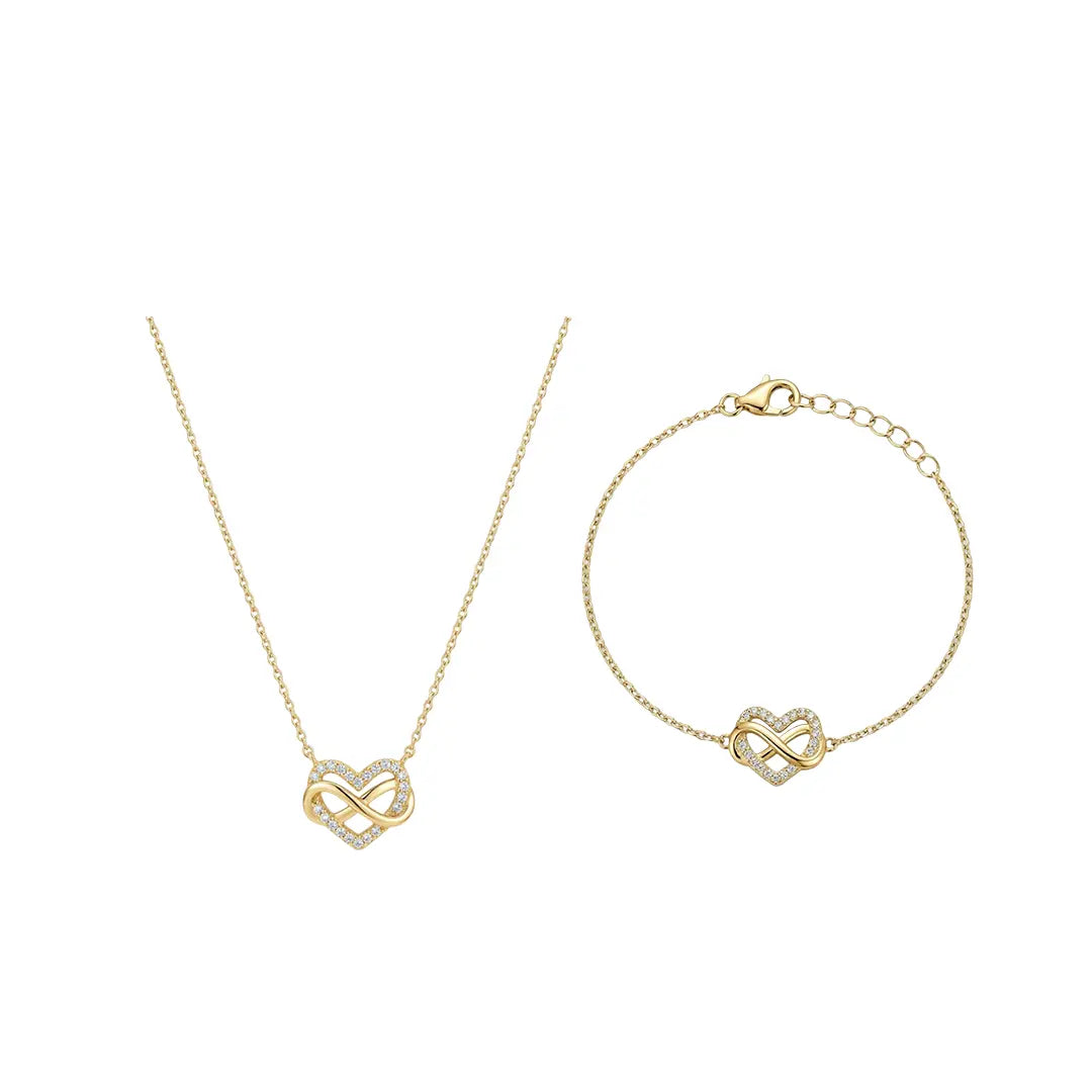 Eterna Amour – Vergoldetes 925 Silber Schmuckset mit Unendlichkeits-Herz, Halskette & Armband mit Zirkonia-Besatz aus 925 Sterling Silber vergoldet mit Zirkonia, filigraner Schmuck für Damen, eleganter zeitloser Klassiker.