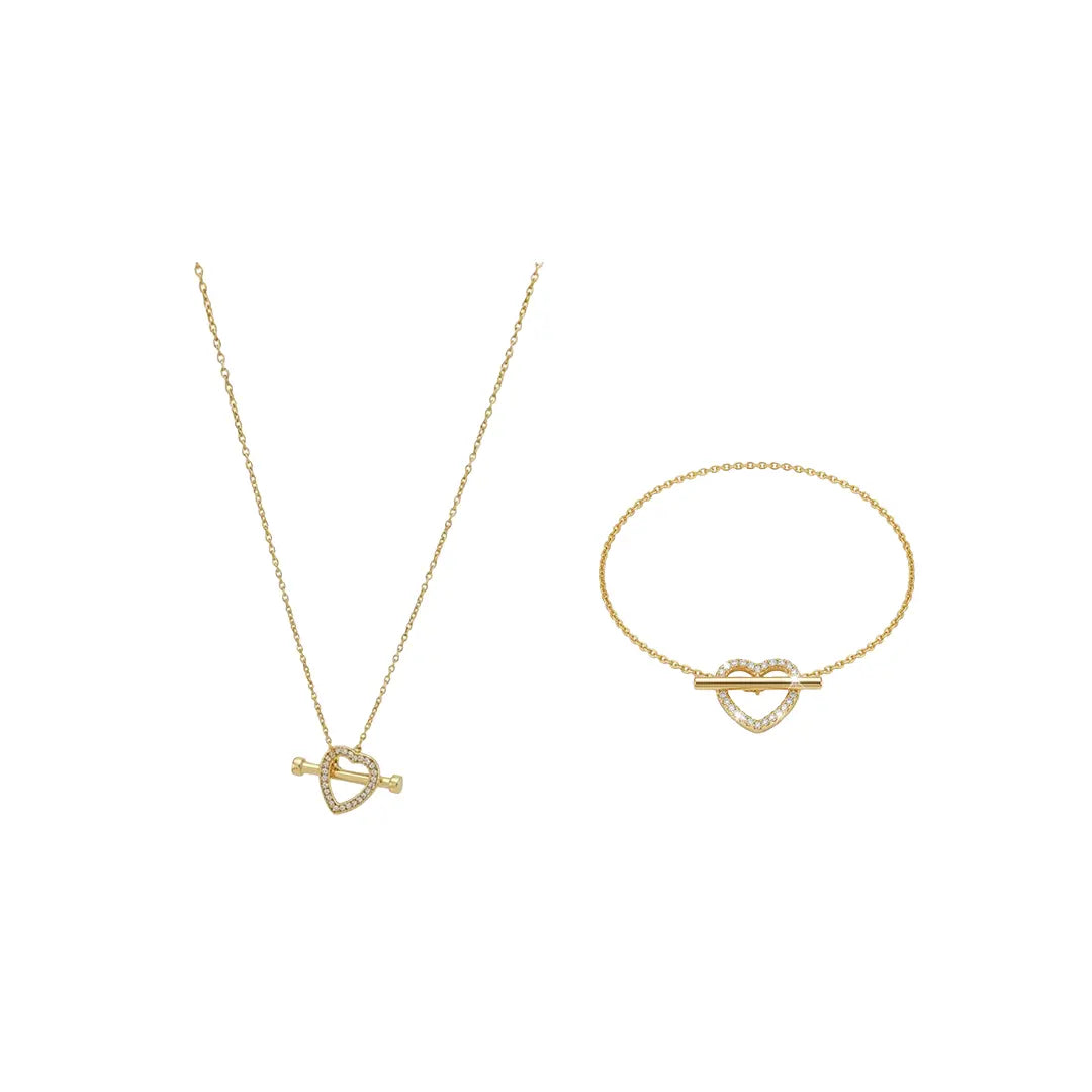 Amoré Linea – 925 Silber vergoldet Herz Stab Set Halskette Armband aus 925 Sterling Silber vergoldet mit Zirkonia, filigraner Schmuck für Damen, eleganter zeitloser Klassiker.