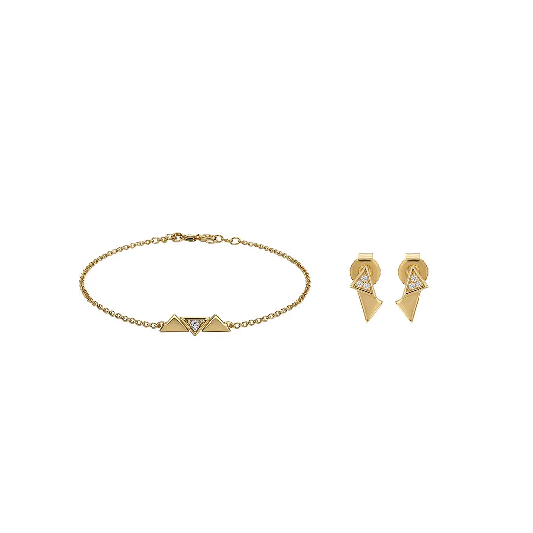 Triora Link – 925 Silber vergoldet Dreieck Set Armband Ohrringe aus 925 Sterling Silber vergoldet mit Zirkonia, filigraner Schmuck für Damen, eleganter zeitloser Klassiker.