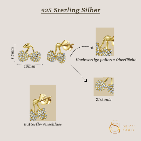 Cherrylight – 925 Silber Ohrstecker mit Zirkonia-Kirschen, vergoldet oder silberfarben