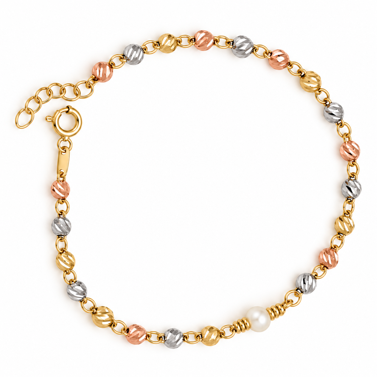 Tricolor Pearl Armband aus 585 Gold mit diamantierten Kugeln in drei Goldfarben und weißer Perle
