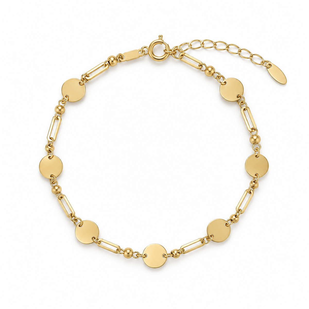 Coin Link Gliederarmband aus 585 Gold mit runden Plättchen, Kugeln und länglichen Gliedern