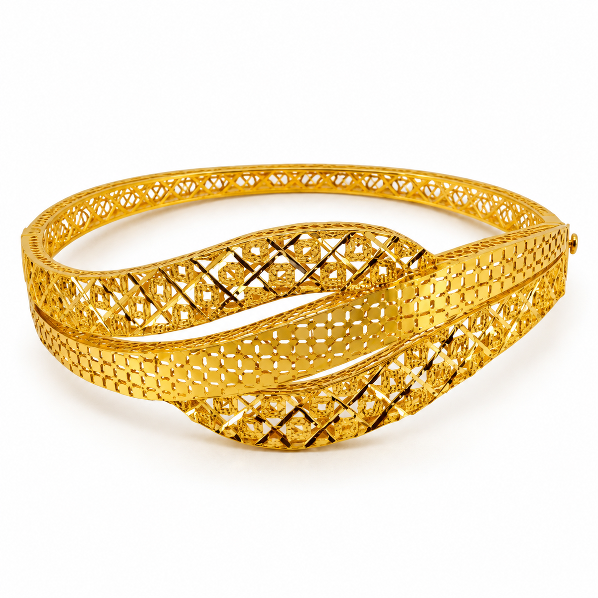 Wave Bangle Armreif aus 750 Gold mit geschwungenen Filigran-Bändern und glänzendem Wabenband