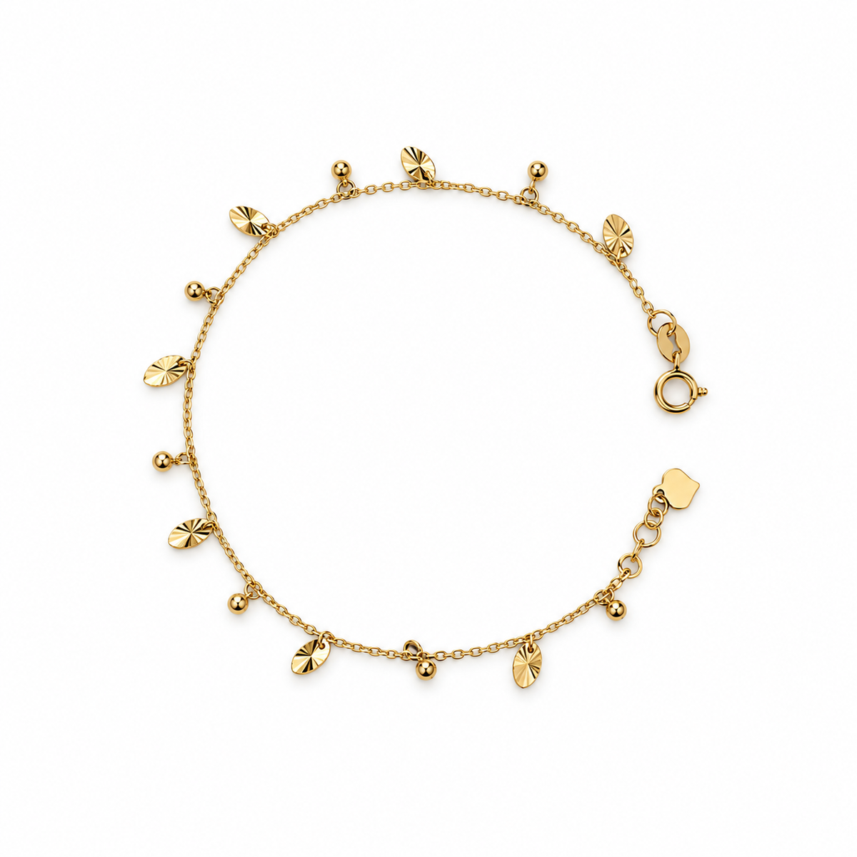 Dangle Charms feines Armband aus 750 Gold mit Kugeln und diamantierten Blatt-Anhängern