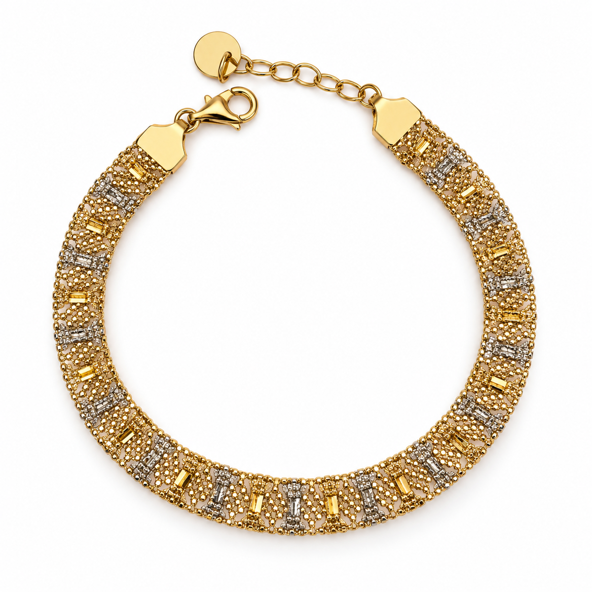Bicolor Mesh breites Armband aus 750 Gold mit Elementen in Gelb- und Weißgold-Optik
