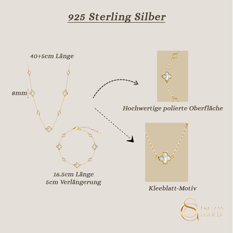 Lunafleur – Perlmutt-Kleeblatt Schmuckset aus 925er Silber Vergoldet