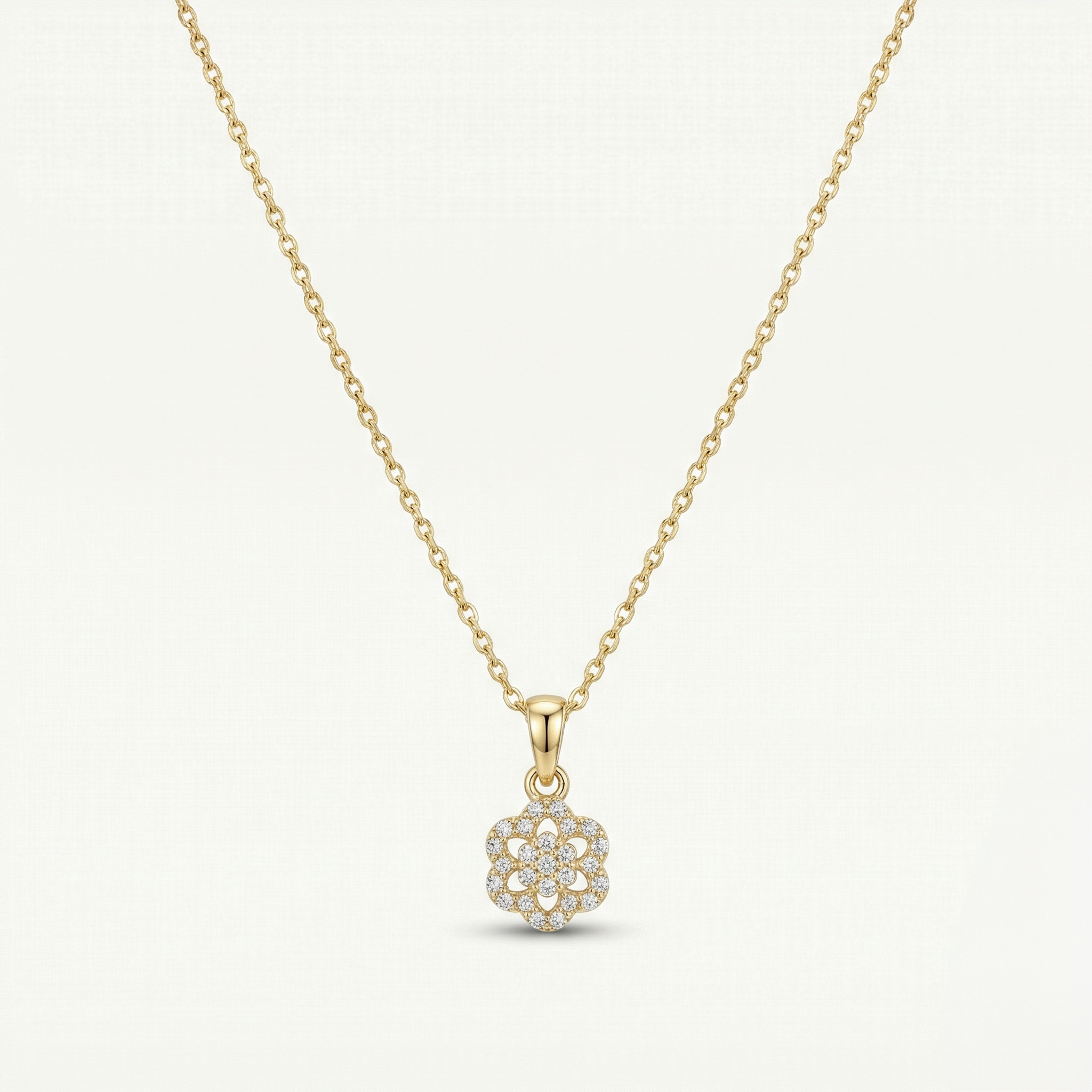 Floral Aura – 375 Echtgold Kette mit Zirkonia Blütenanhänger