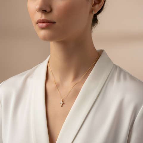 God’s Favorite – Echtgold Kreuzkette mit Zirkonia & passenden Ohrsteckern