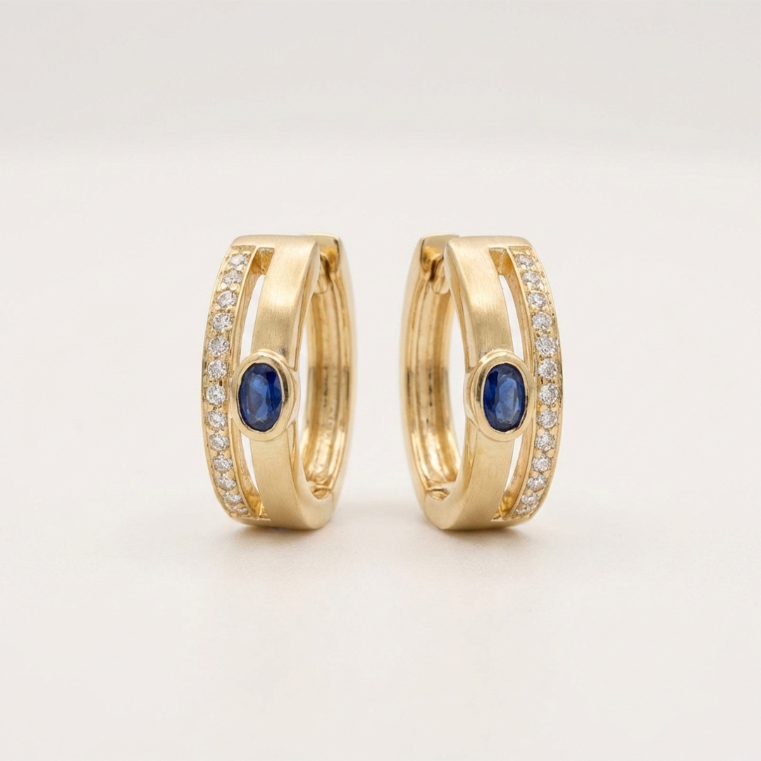 SapphireLuxe – 375 Echtgold Creolen mit blauem Stein