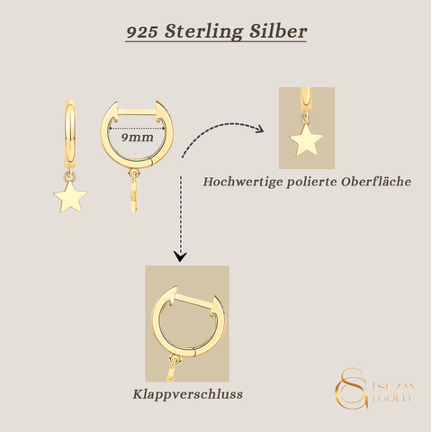 Starlight – Vergoldete Huggie-Creolen mit Stern-Anhänger aus 925 Silber