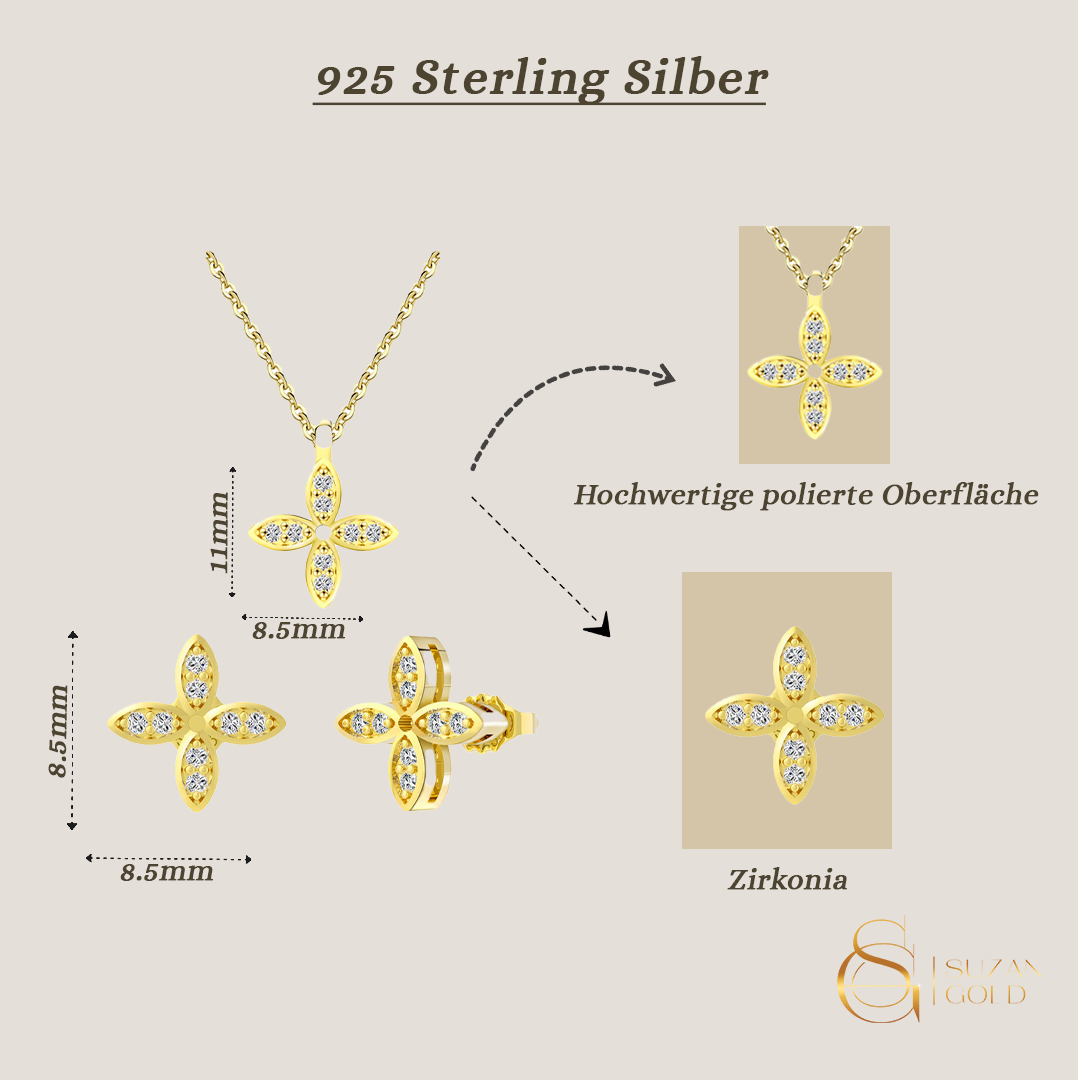 Serelina Set – Schmuckset aus vergoldetem 925 Silber mit Zirkonia-Kleeblatt