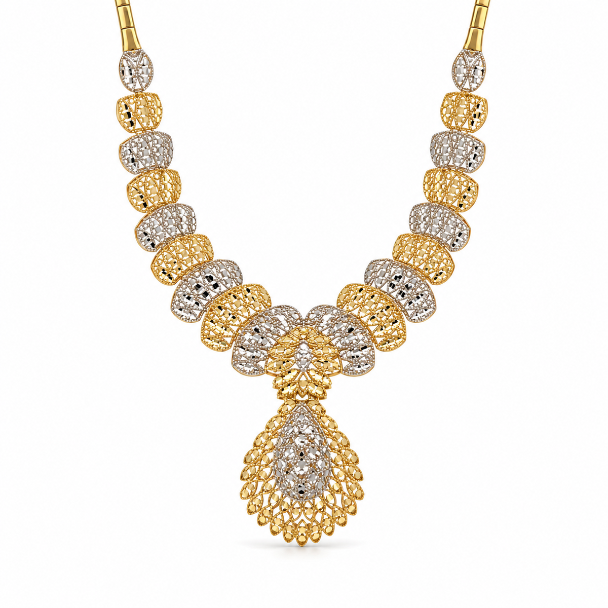Bicolor Peacock Collier aus 750 Gold mit filigranen Elementen in Gelb- und Weißgold-Optik und fächerförmigem Tropfen-Anhänger