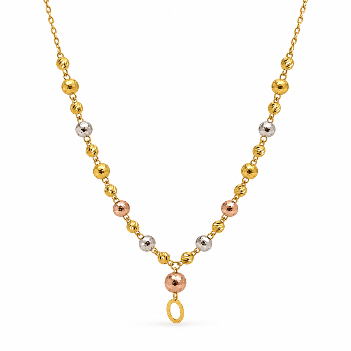 Lariat Beads Y-Kette aus 875 Gold mit geriffelten und mattierten Gold-Kugeln