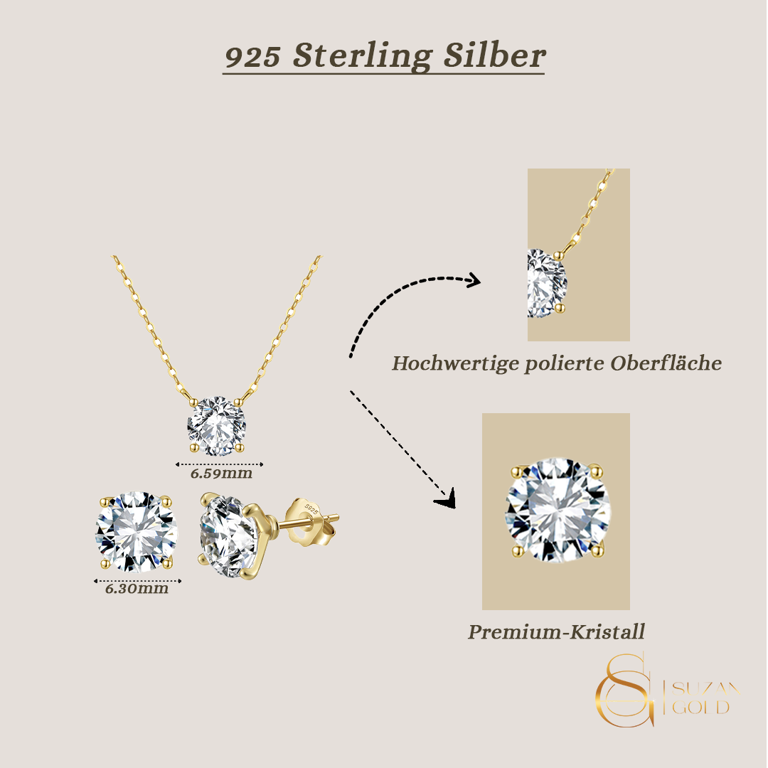 Lunara Gold – 925 Silber Schmuckset Damen | Halskette & Ohrringe mit Zirkonia