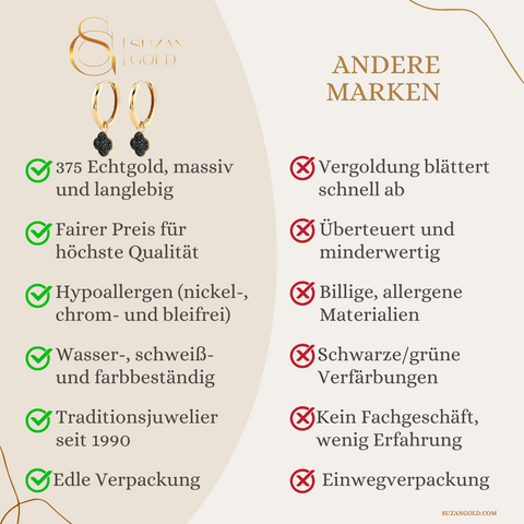 Noirleaf – 375er Echtgold-Creolen mit schwarzem Kleeblatt-Anhänger