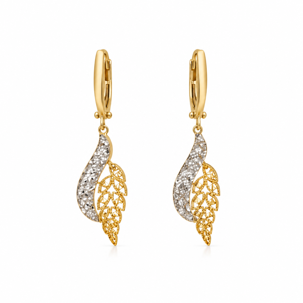 Bicolor Leaf Drop Ohrhänger aus 750 Gold mit Filigran-Blatt in Gelb- und Weißgold-Optik und Klappbrisur