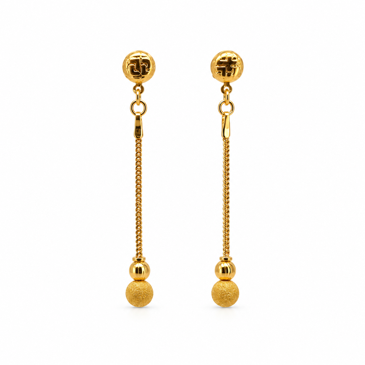 Lariat Beads lange Ohrhänger aus 875 Gold mit Kette und geriffelten und mattierten Kugeln