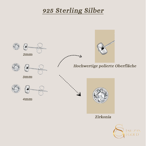 Zirella – 925 Silber Ohrstecker Damen | Zirkonia in 2 mm, 3 mm & 4 mm