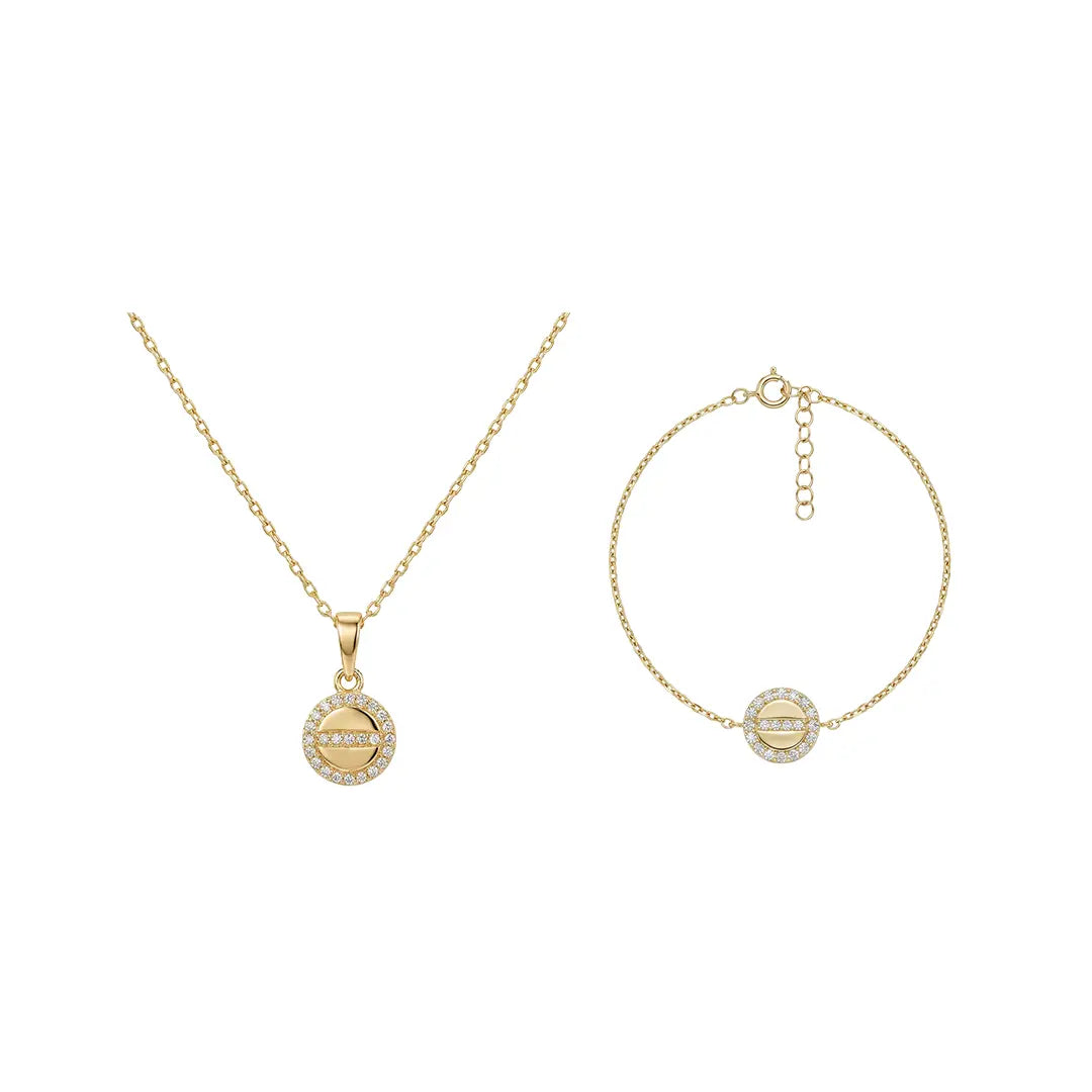 Crucelle Circle Spark Set aus 375 Gelbgold mit Zirkonia, filigraner Schmuck für Damen, eleganter zeitloser Klassiker.