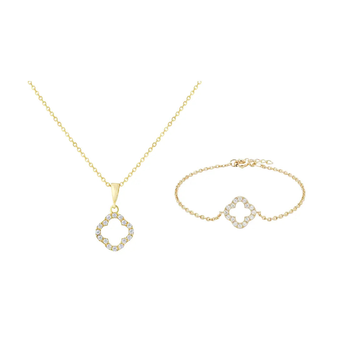 Crucelle Clover Spark Set aus 375 Gelbgold mit Zirkonia, filigraner Schmuck für Damen, eleganter zeitloser Klassiker.