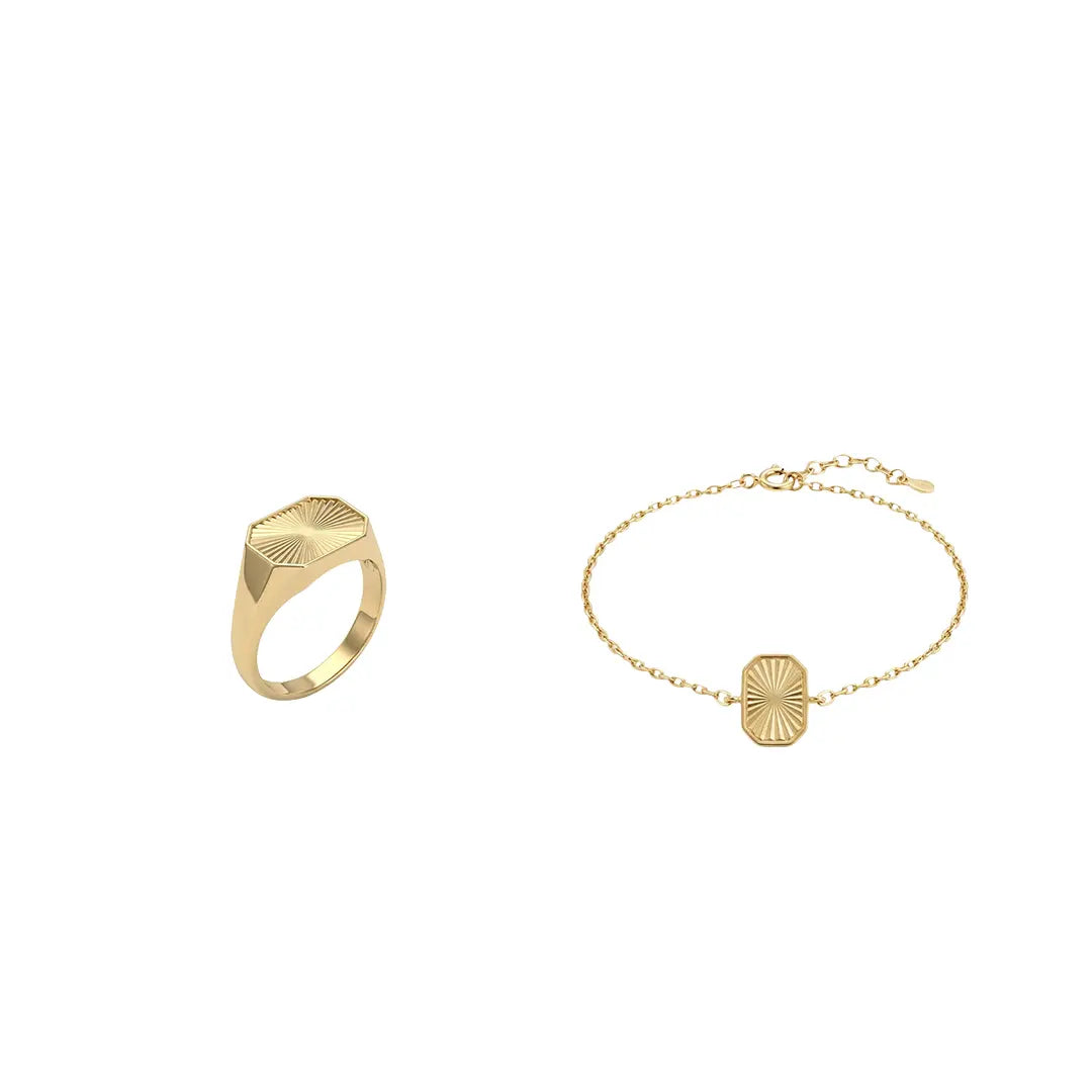 Crucelle Sun Signet Bracelet Ring Set aus 375 Gelbgold, filigraner Schmuck für Damen, eleganter zeitloser Klassiker.