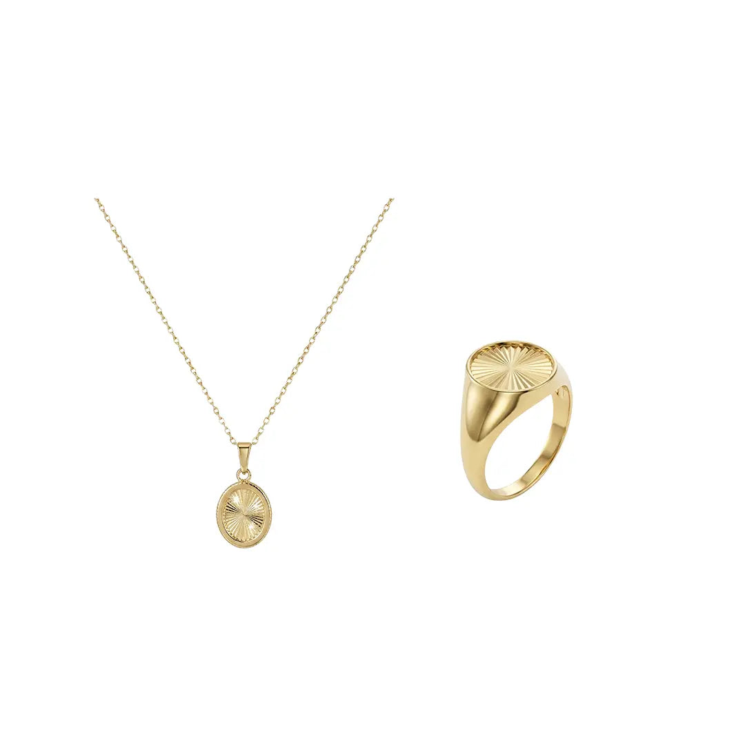 Crucelle Sun Signet Necklace Ring Set aus 375 Gelbgold, filigraner Schmuck für Damen, eleganter zeitloser Klassiker.