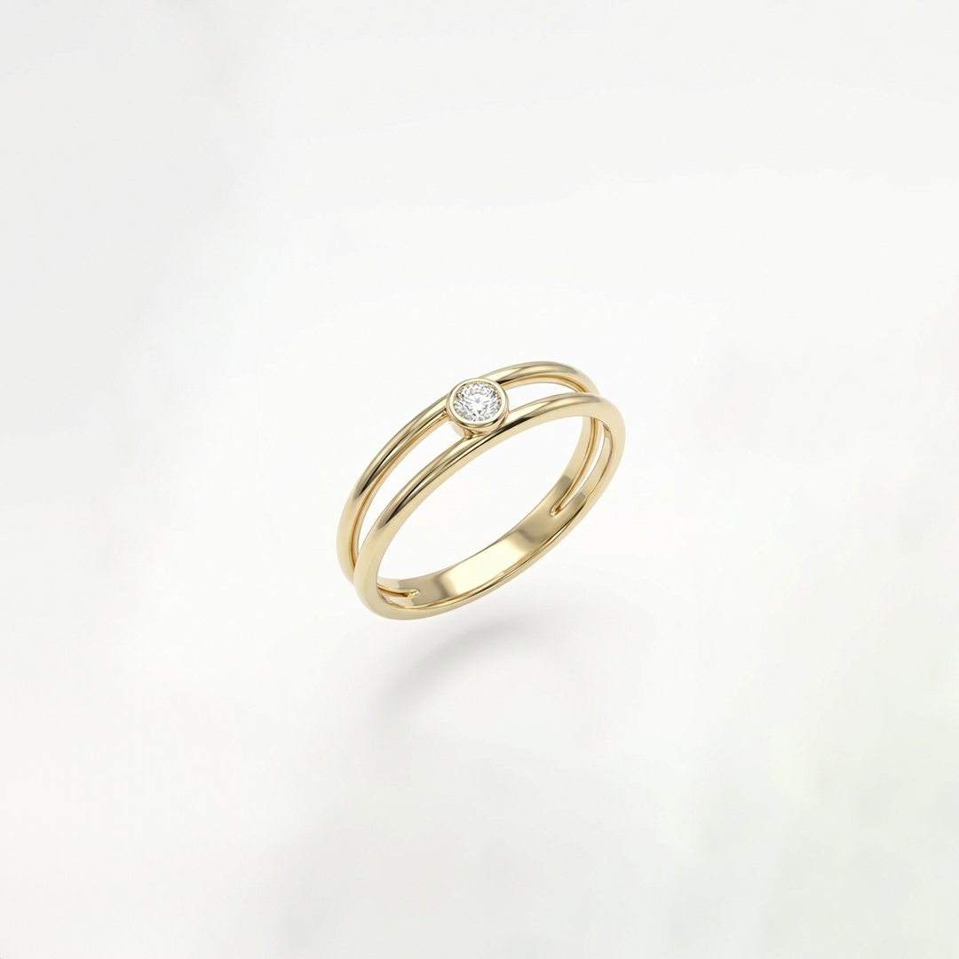Lunelle Duo – 375 Echtgold Ring mit rundem Zirkonia Solitär im Doppelband-Design