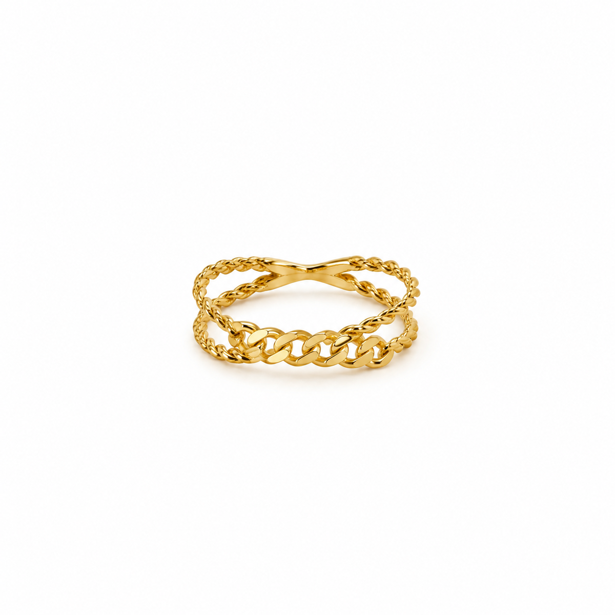 Double Chain Ring aus 750 Gold mit überkreuztem Panzer- und Kordelband