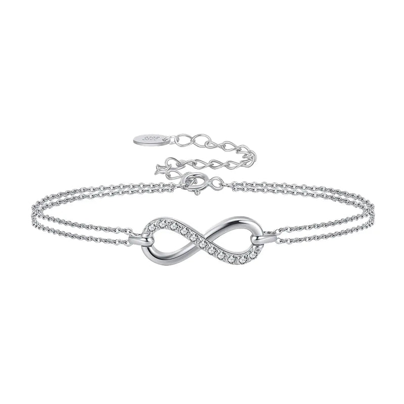 Eternelle Armband aus 925 Silber mit Unendlichkeitszeichen und Zirkonia, zarte zweireihige Kette für Damen, zeitloser Schmuck.