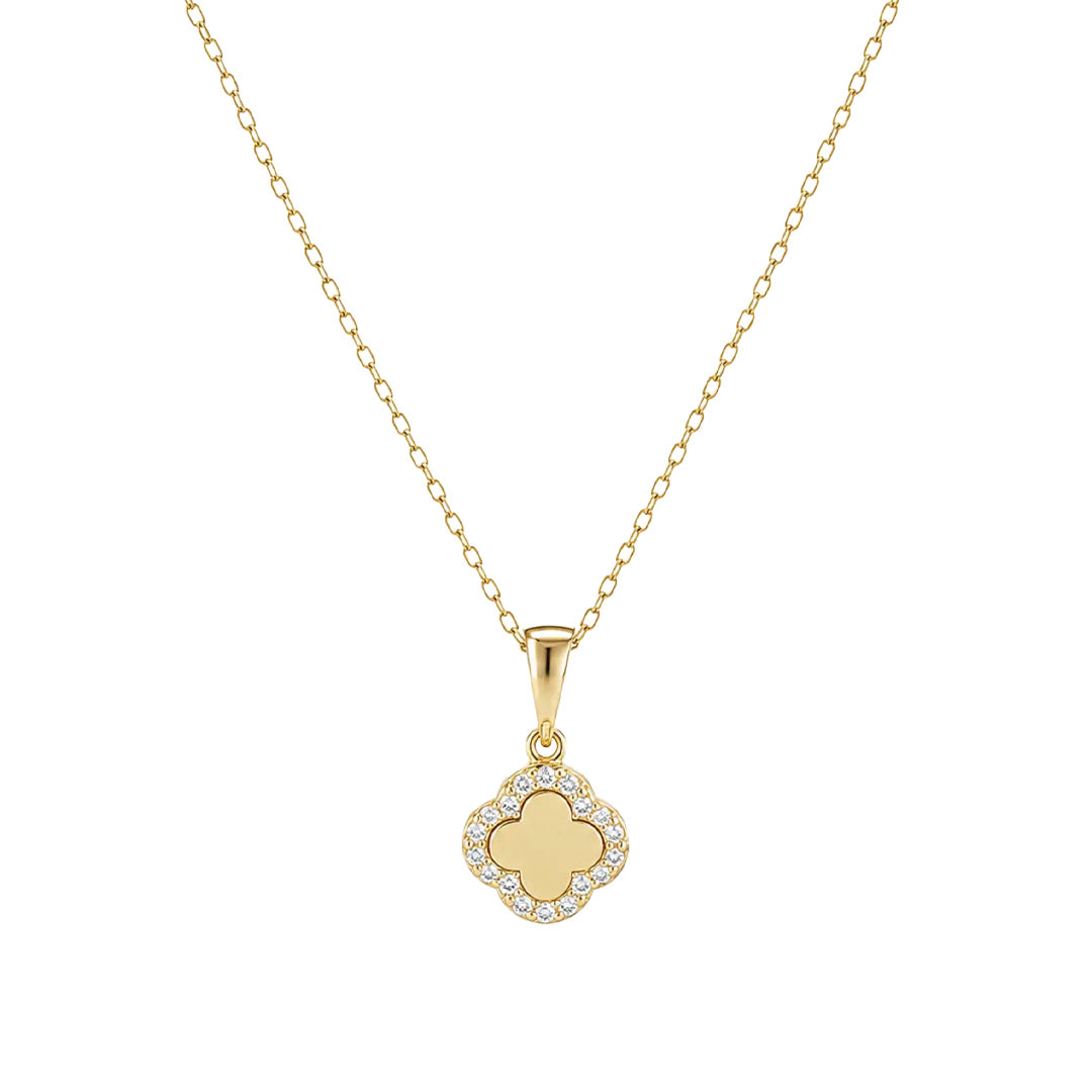 Halo Clover – Kleeblatt-Halskette mit Zirkonia-Rand aus 585 Gold