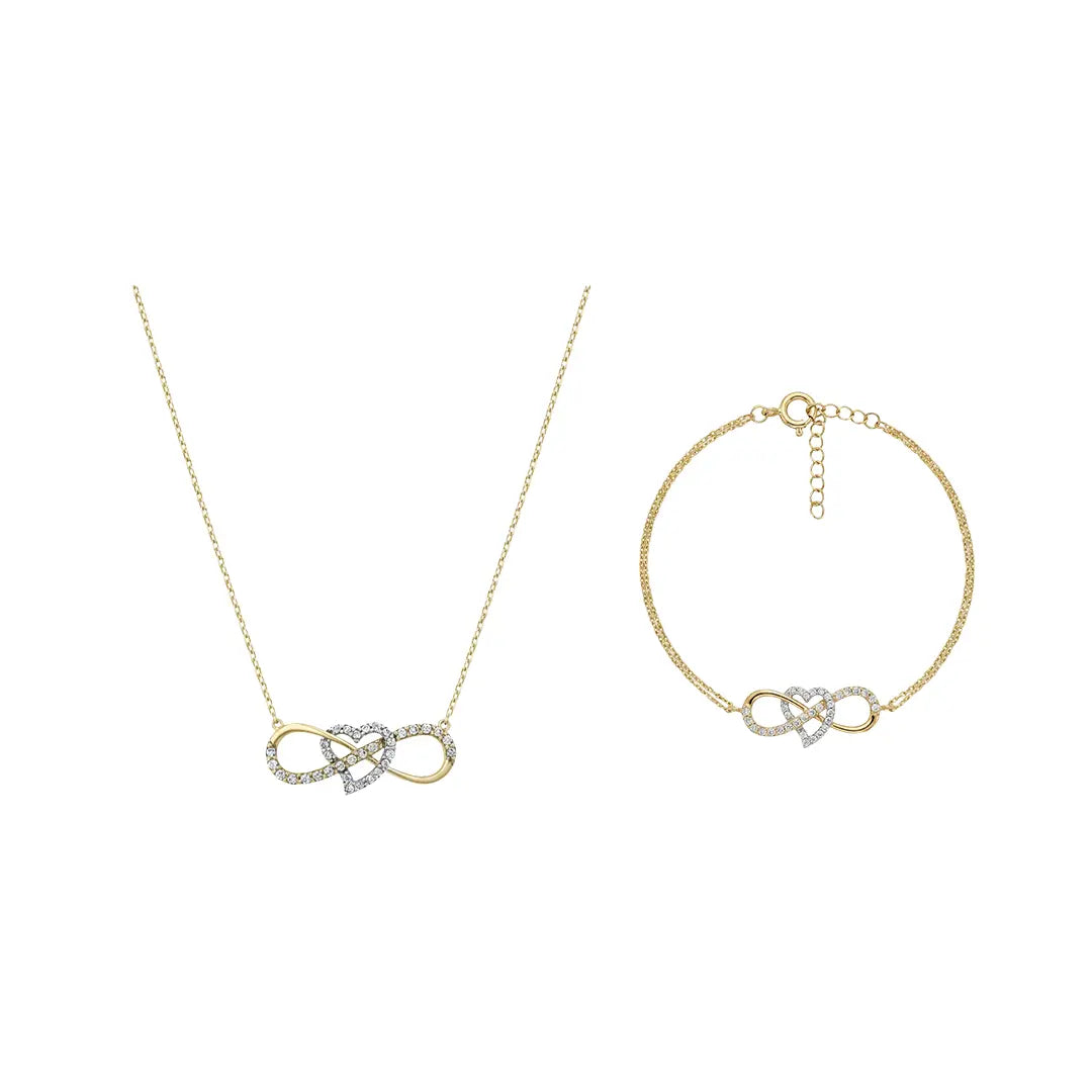 Crucelle Infinity Heart Set aus 375 Gelbgold mit Zirkonia, filigraner Schmuck für Damen, eleganter zeitloser Klassiker.