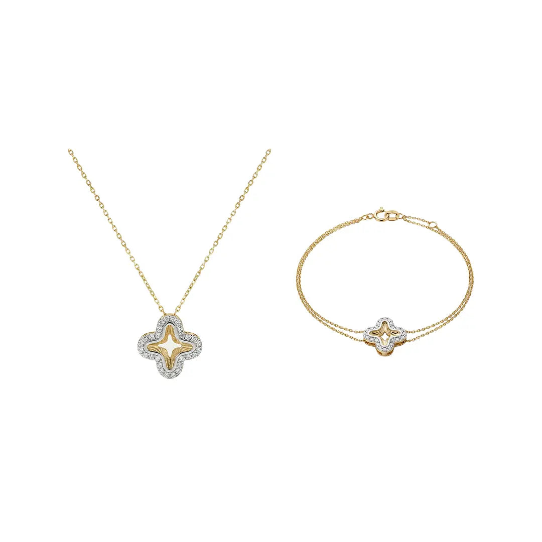 Crucelle Clover Sparkle Set aus 375 Gelbgold mit Zirkonia, filigraner Schmuck für Damen, eleganter zeitloser Klassiker.